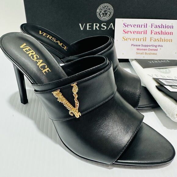 Versace Virtus Size 37 US 7  Black Leather Mule Heel Sandals NIB $900 - Picture 6 of 8